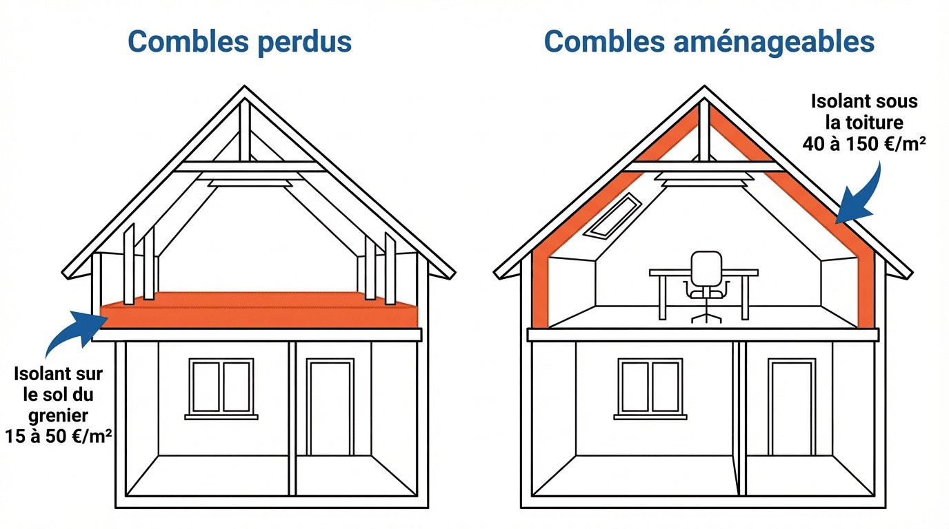Schéma comparatif isolation combles perdus et combles aménageables avec prix au m²