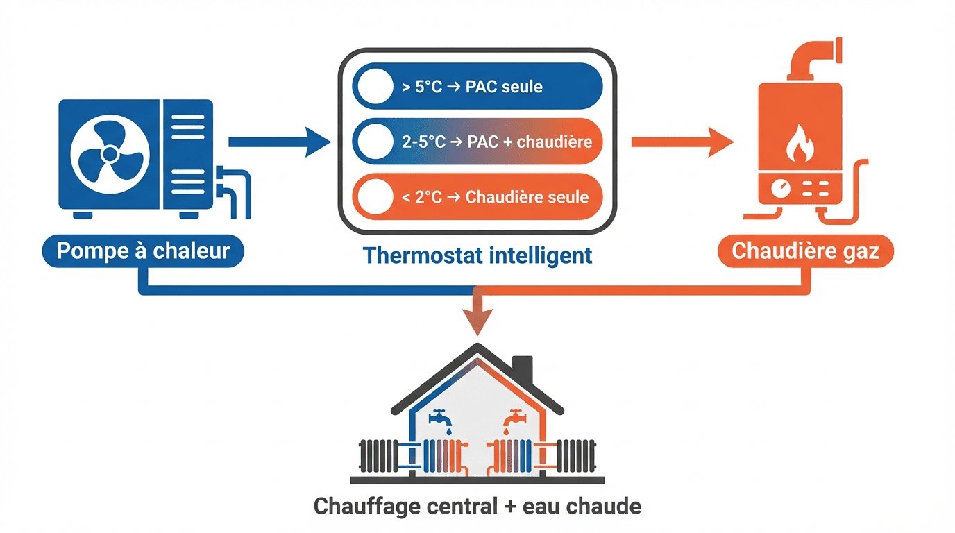 Fonctionnement d'une pompe à chaleur hybride : bascule intelligente entre PAC air-eau et chaudière gaz selon la température