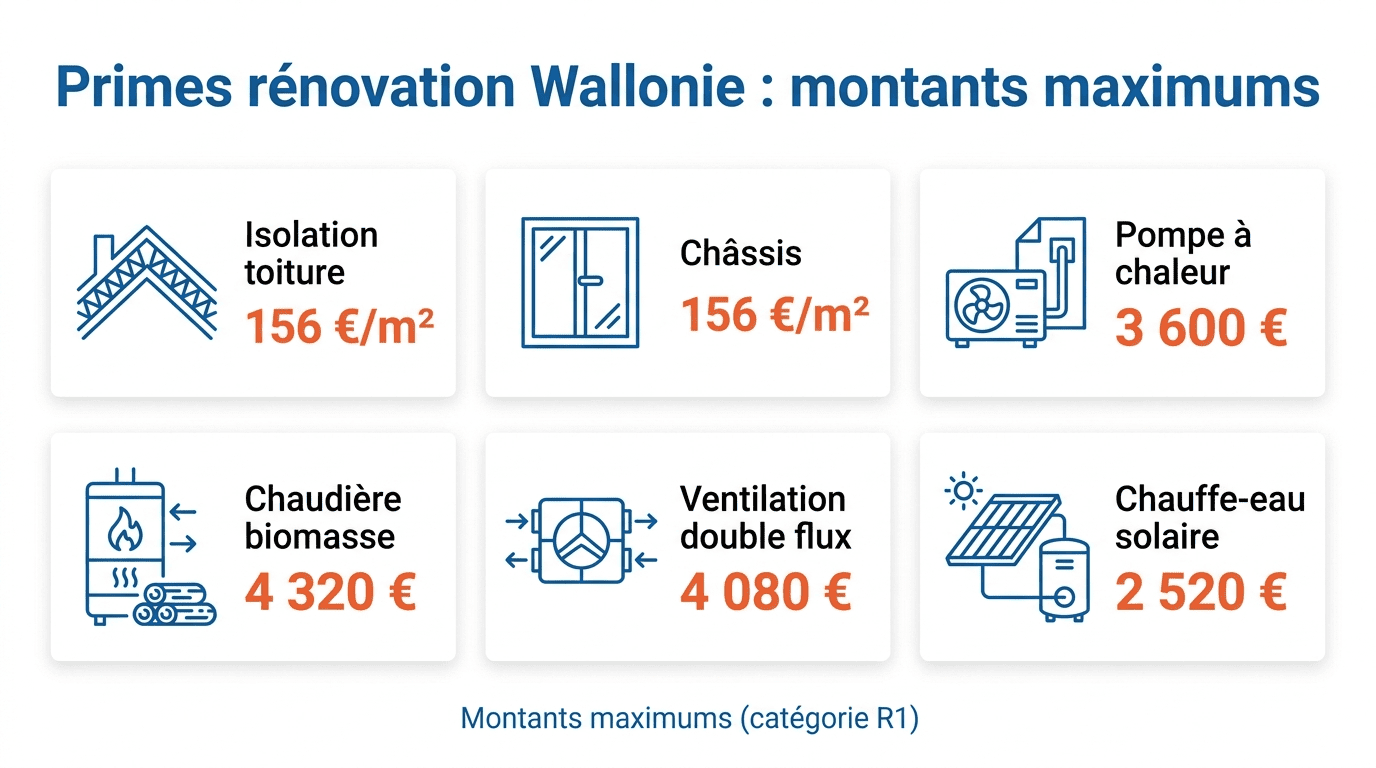 Montants maximums des primes rénovation en Wallonie : toiture, châssis, pompe à chaleur, biomasse, ventilation