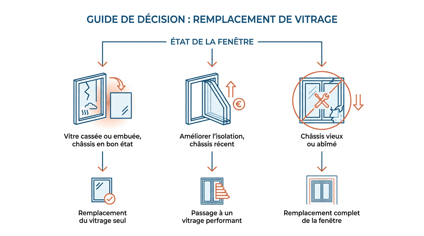 Guide de décision : remplacer le vitrage seul, poser un vitrage performant ou changer toute la fenêtre selon le châssis