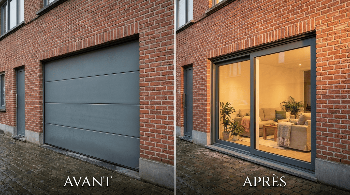 Avant après : porte de garage remplacée par une baie vitrée transformant le garage en pièce de vie lumineuse